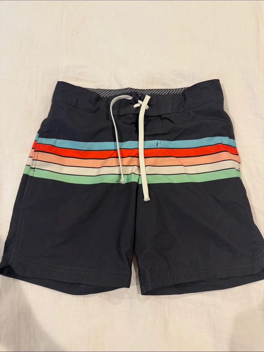 Boy’s Navy Swim Trunks with Multicolor Stripes